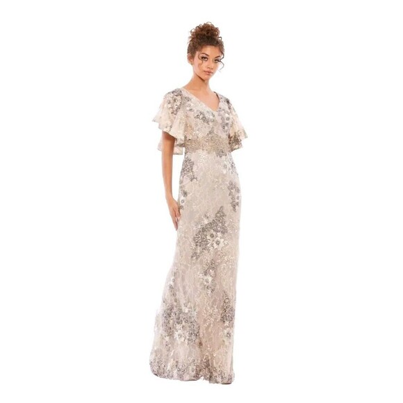 MAC DUGGAL 67842 Taupe Beaded Embroidered Lace Bell Sleeve Gown Womens (12) $698 - Picture 2 of 16